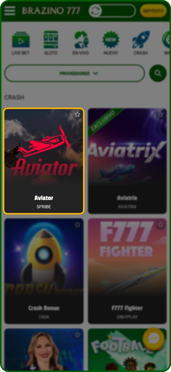 Abrí el catálogo de casino en Brazino777 y buscá Aviator título.