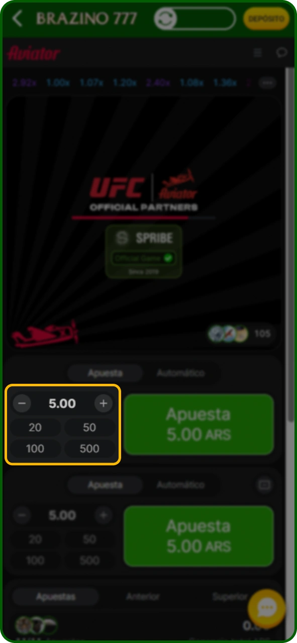 Elegí el monto de tu apuesta al jugar Aviator en Brazino777.