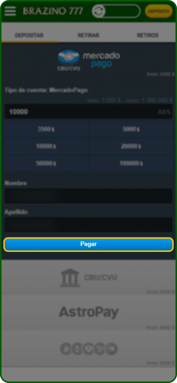 Confirma los datos de pago en Brazino777 para completar la transacción.