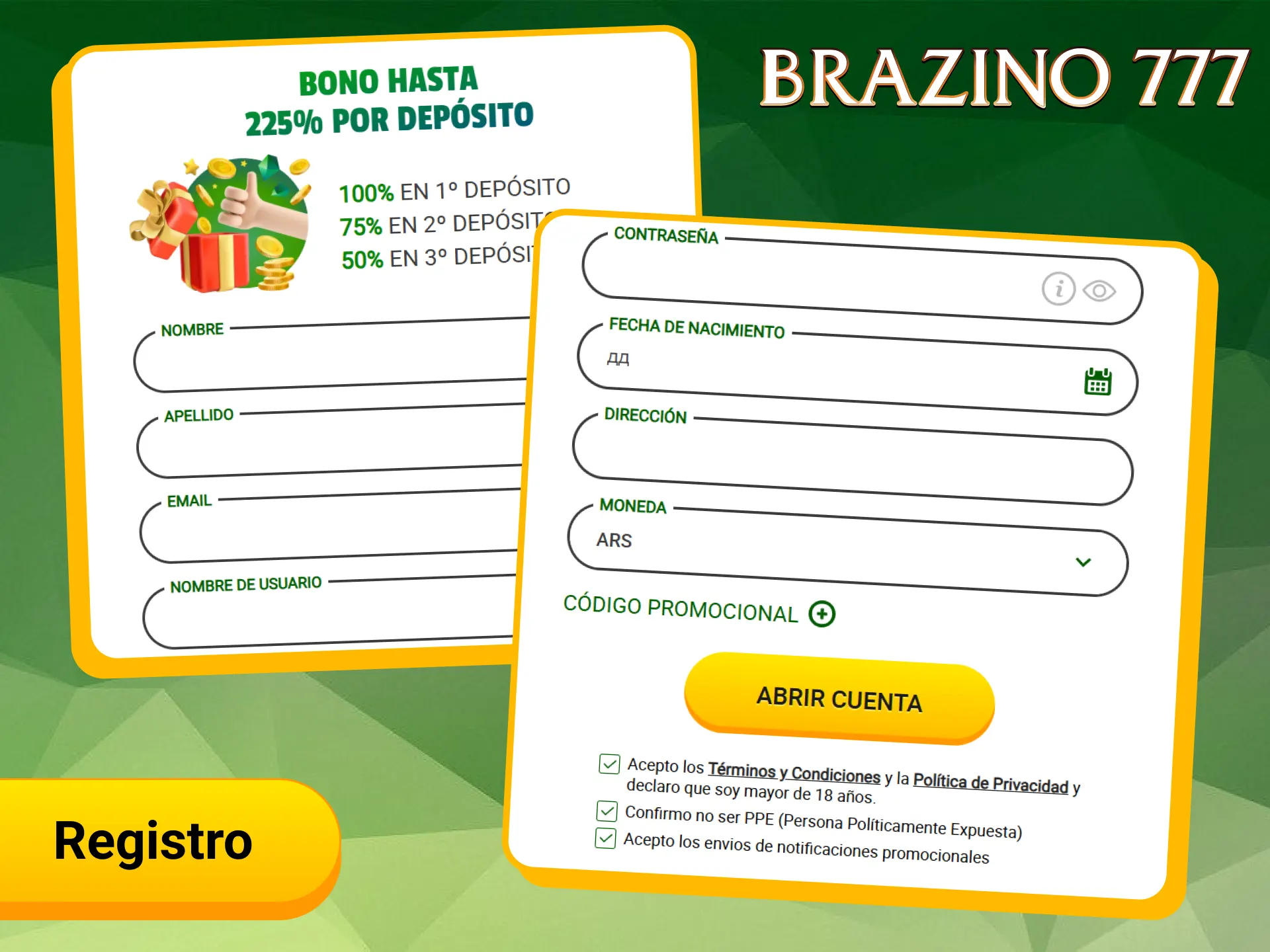 Completa tu registro en Brazino777 Argentina para empezar a ganar.