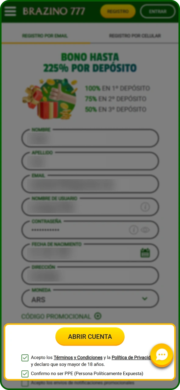 Completa tu registro en la aplicación de Brazino777.