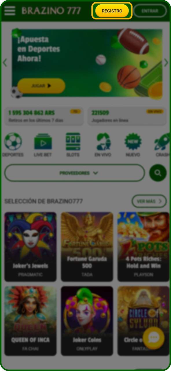 Haz clic en este botón para registrarte en la aplicación Brazino777.