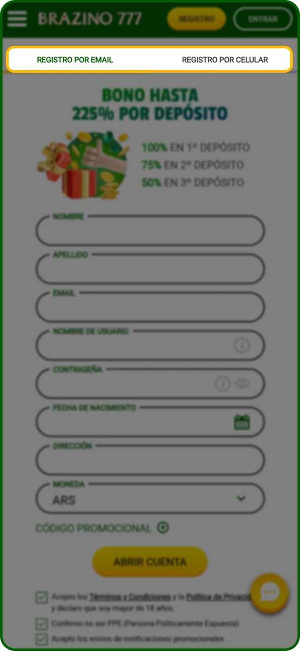 Selecciona el método de registro en la aplicación Brazino777.