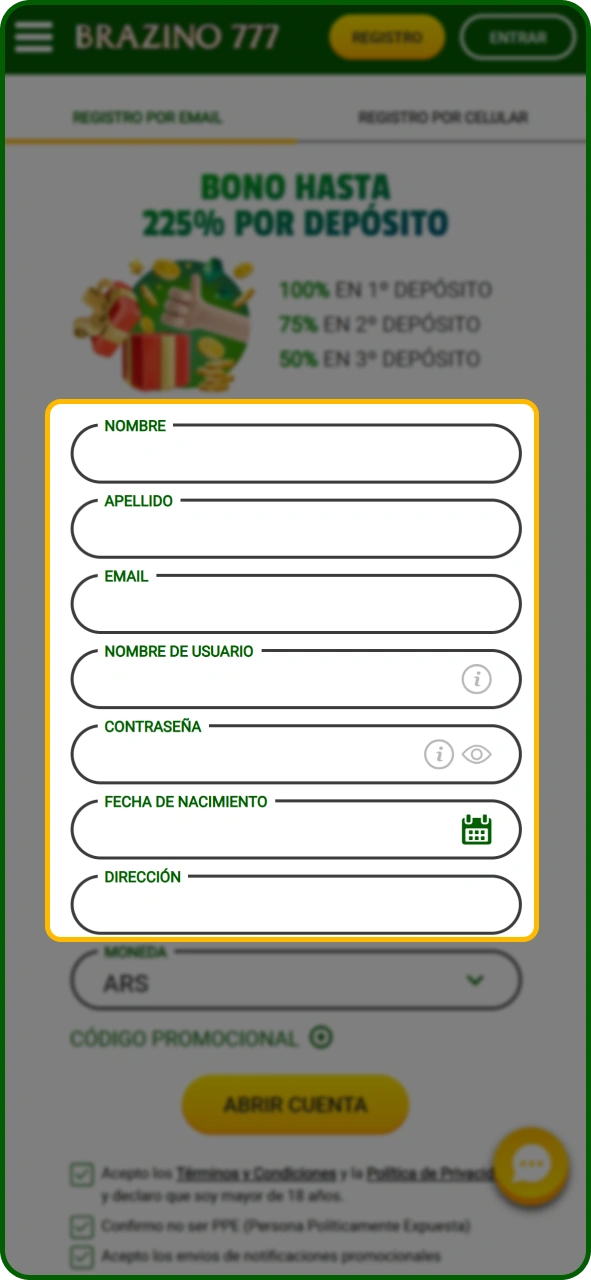 Completa todos los campos de registro en la aplicación Brazino777.